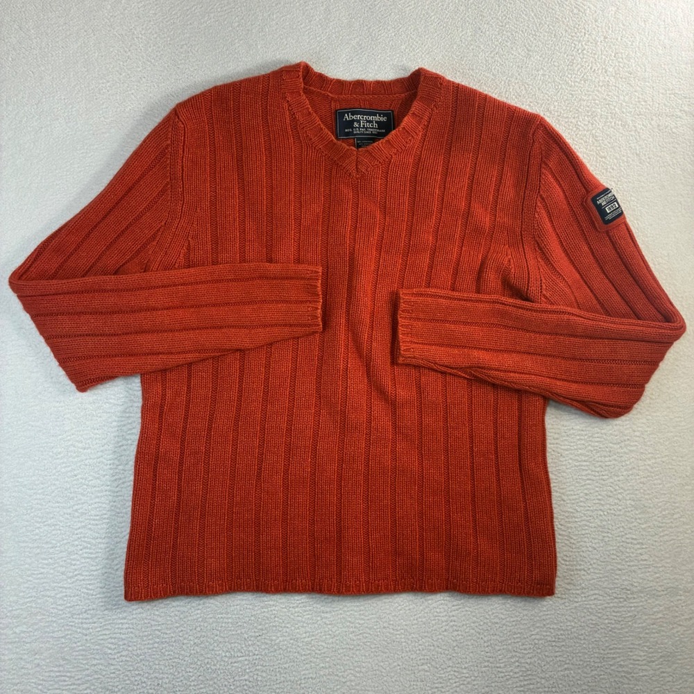 Vintage Abercrombie Fitch Lambswool V Neck Sweater Men XL Orange Ribbed Prep Y2K